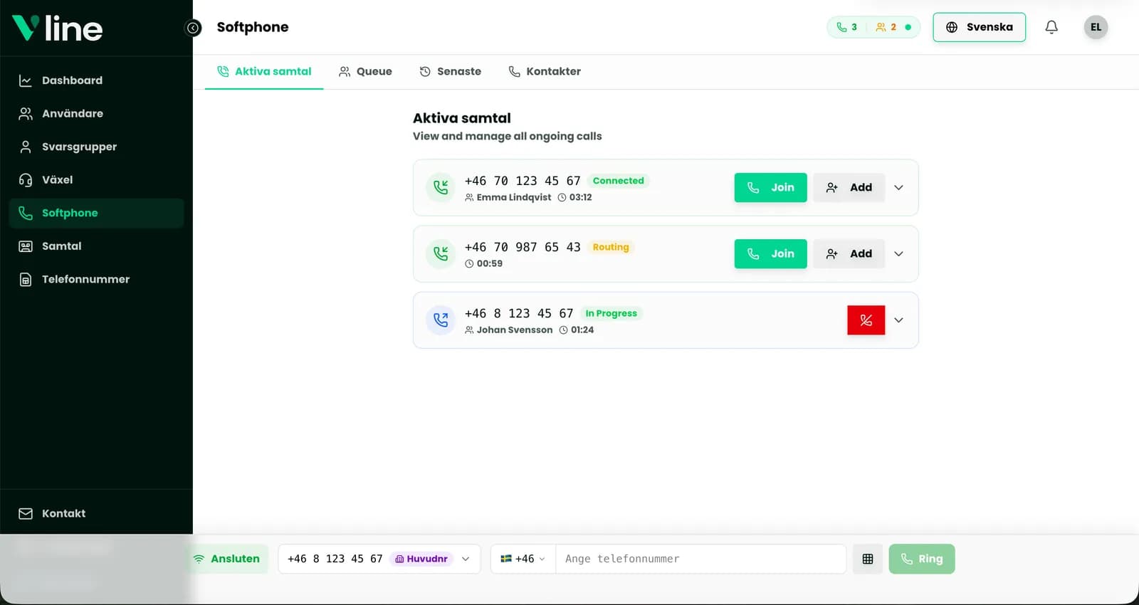 VLine i mobilen med aktiva samtal