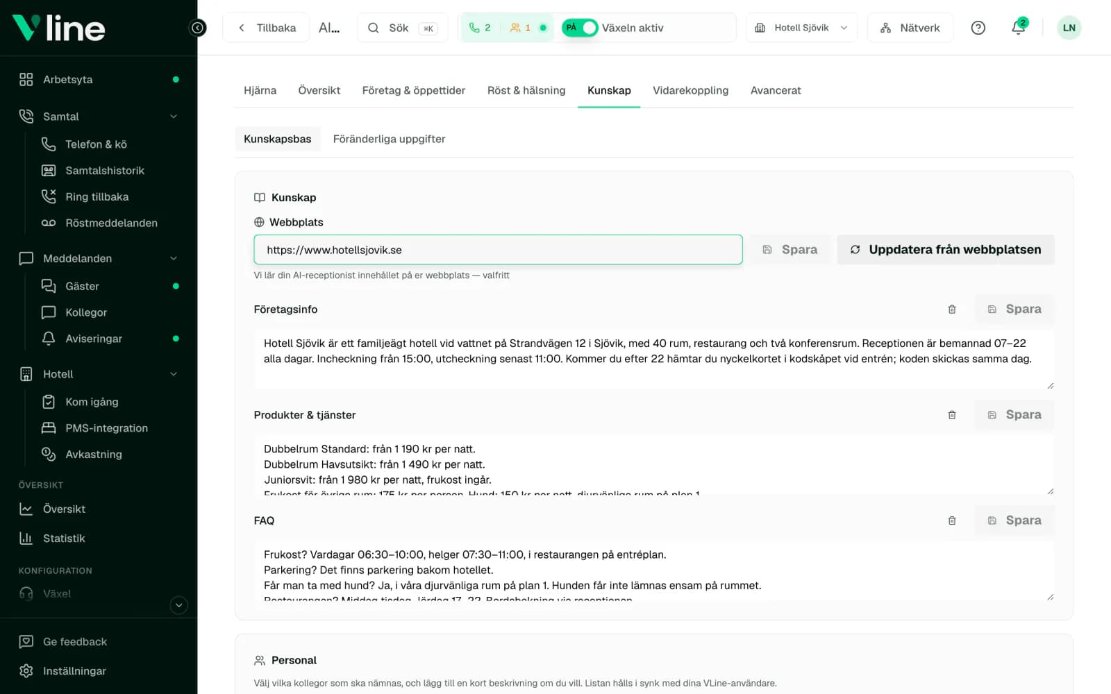 Kunskapssidan för AI-receptionisten med hotellets webbplats, företagsinformation, rum och priser och vanliga frågor