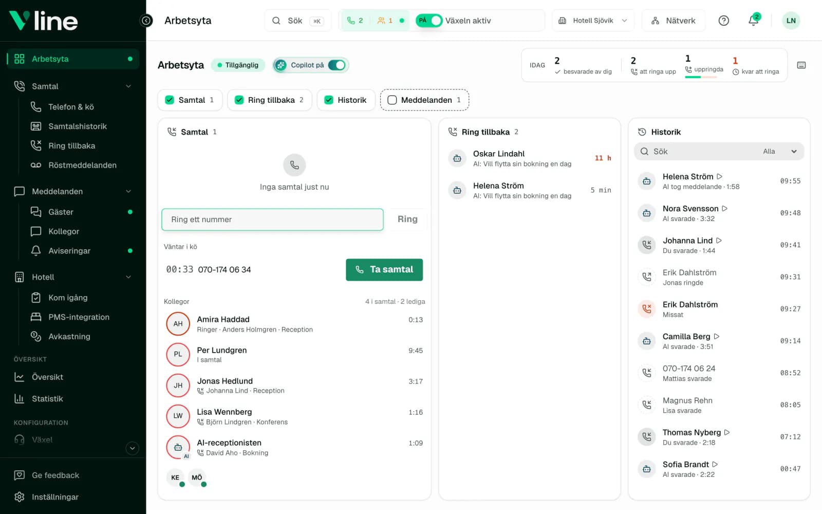 Arbetsytan i VLine: pågående samtal, kollegornas status, Ring tillbaka-listan och samtalshistoriken på en sida