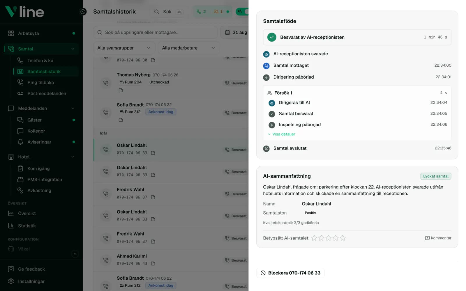 Samtalshistorik i VLine med ett AI-hanterat samtals sammanfattning och samtalsflöde öppet