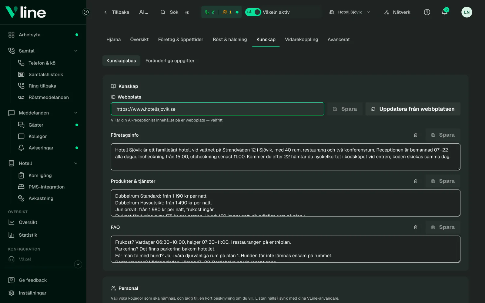 AI-receptionistens kunskap i VLine: webbplats, företagsinfo, rum och vanliga frågor för ett påhittat hotell