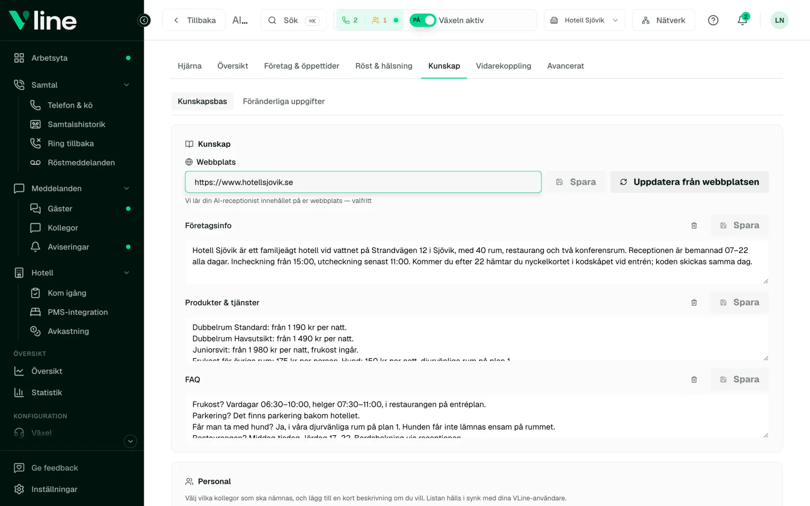 AI-receptionistens kunskap i VLine: webbplats, företagsinfo, rum och vanliga frågor för ett påhittat hotell